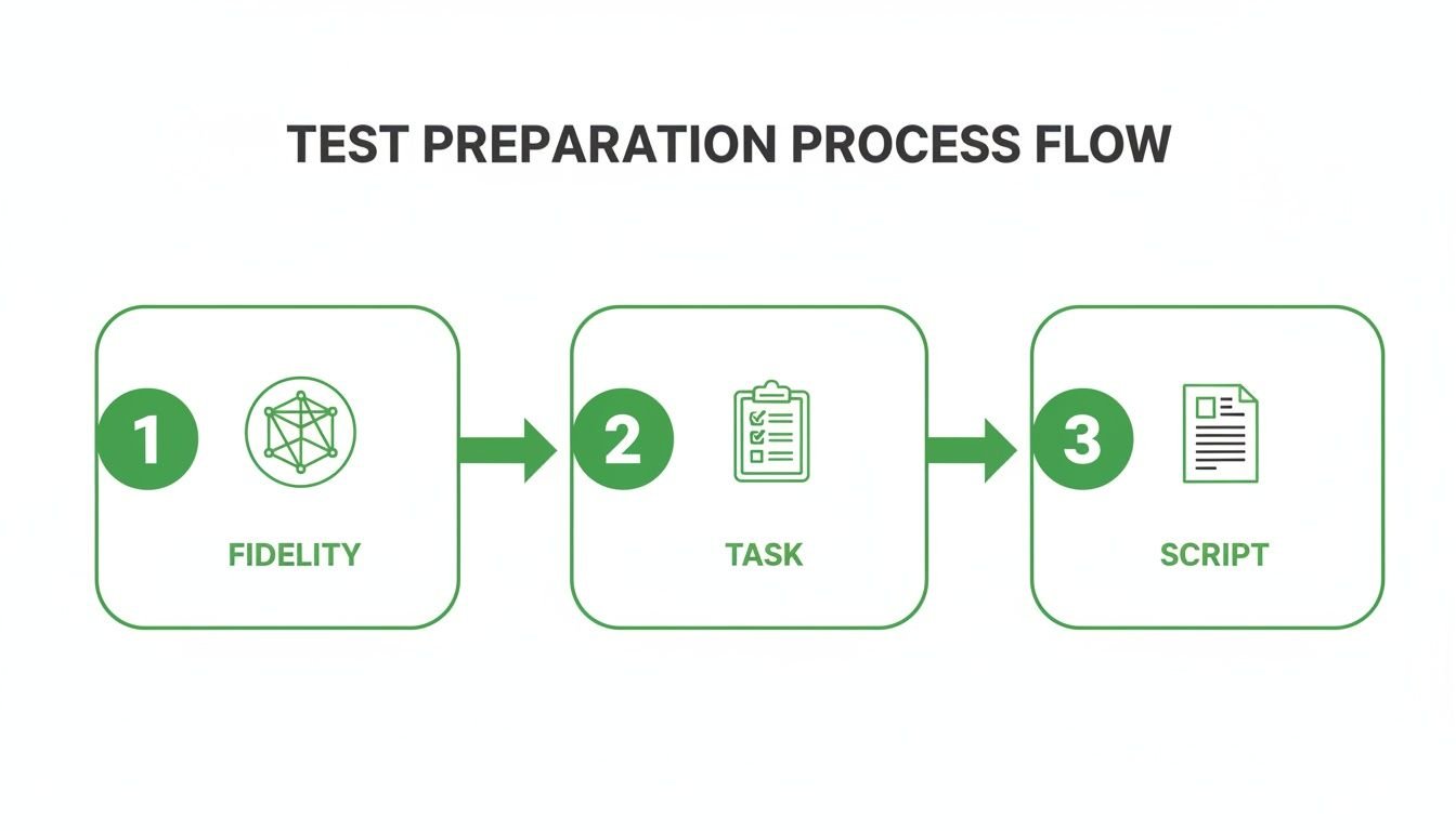 A test preparation process flow diagram showing three steps: Fidelity, Task, and Script.