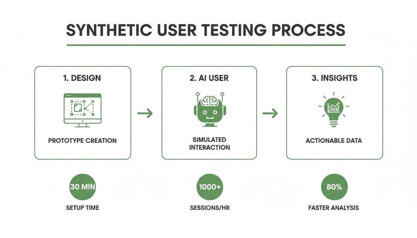 Infographic detailing the synthetic user testing process with design, AI user interaction, and insights, including key metrics.