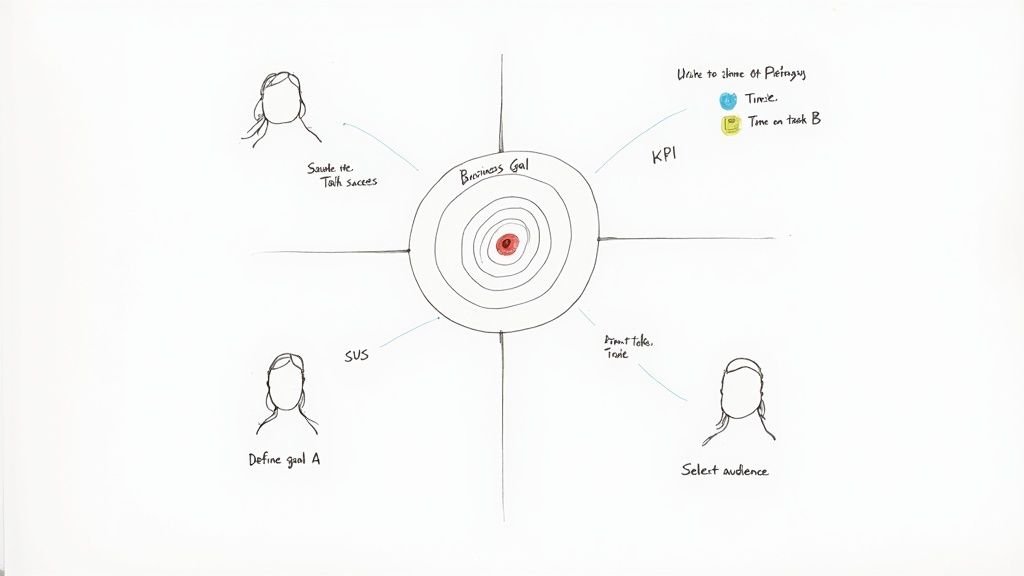 Hand-drawn diagram of a business goal with surrounding user interface testing metrics (KPI, SUS) and tasks.