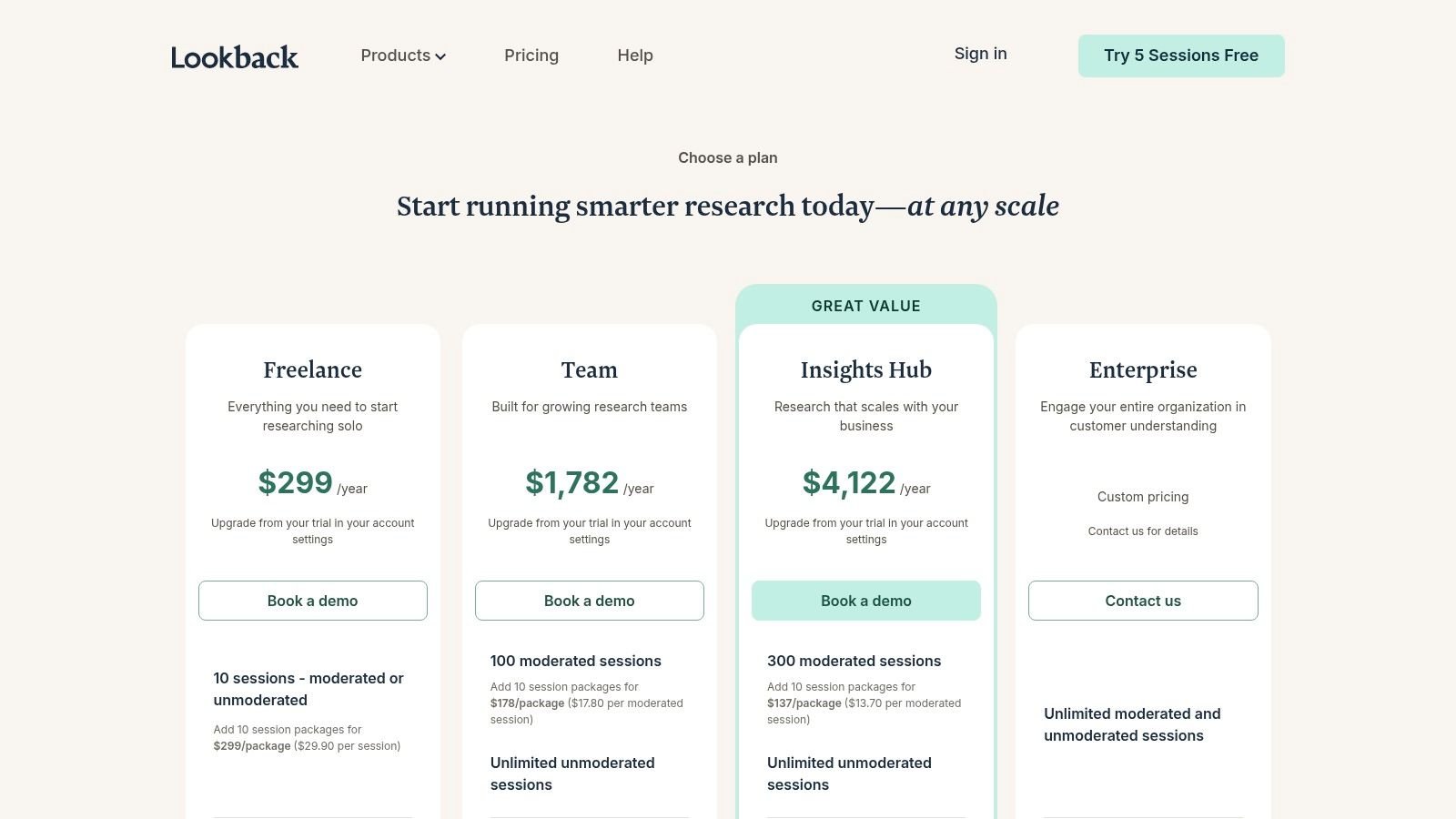 Lookback pricing plans showing different tiers and features