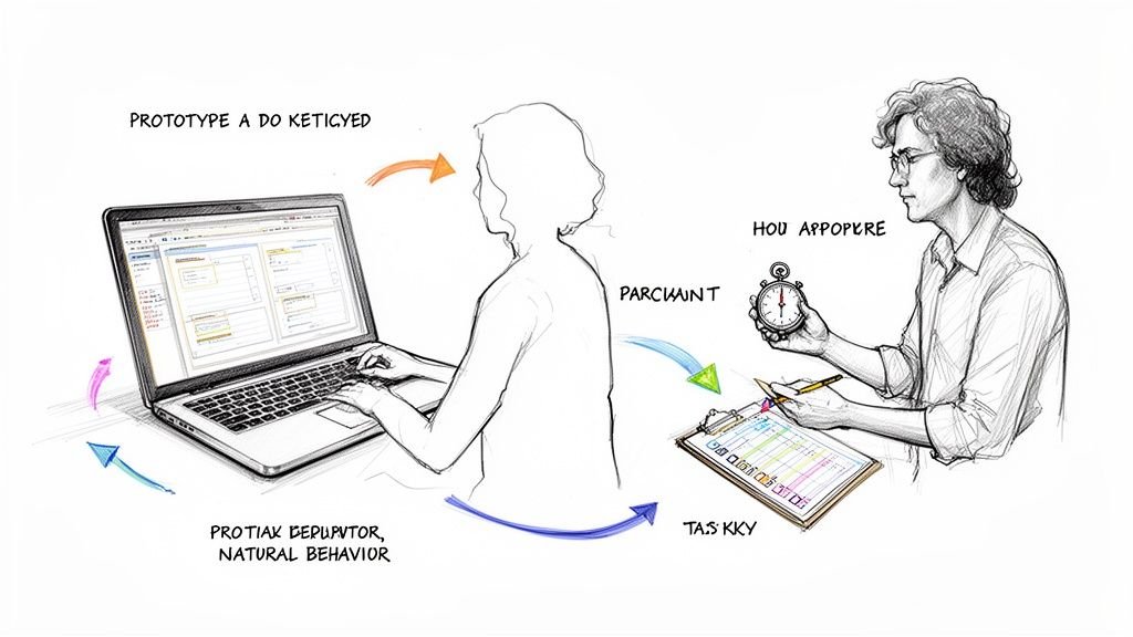 An illustration of a user interacting with a laptop prototype, while an observer records data and times tasks.