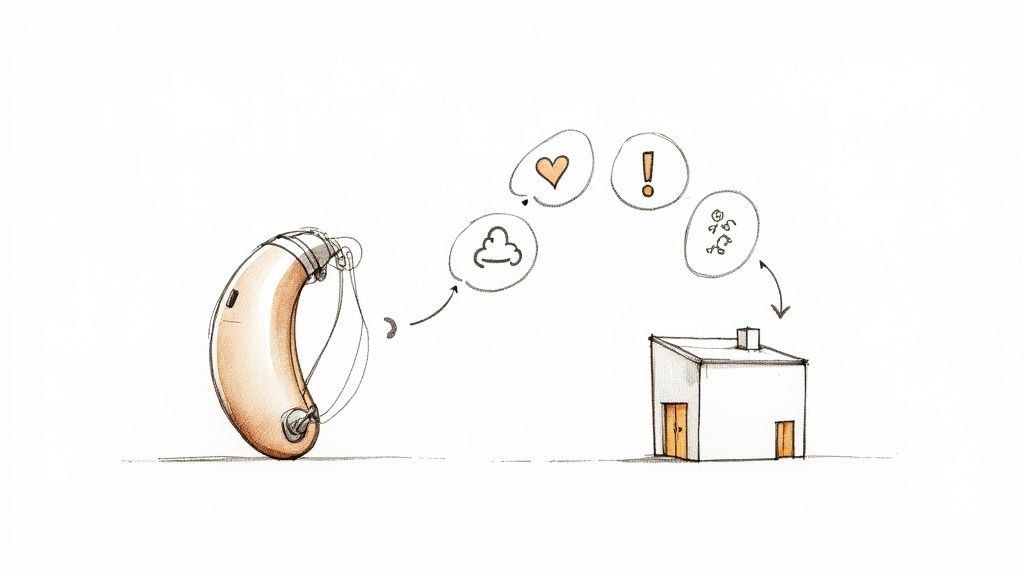 A sketch of a hearing aid sending data like mood and alerts to a smart home.