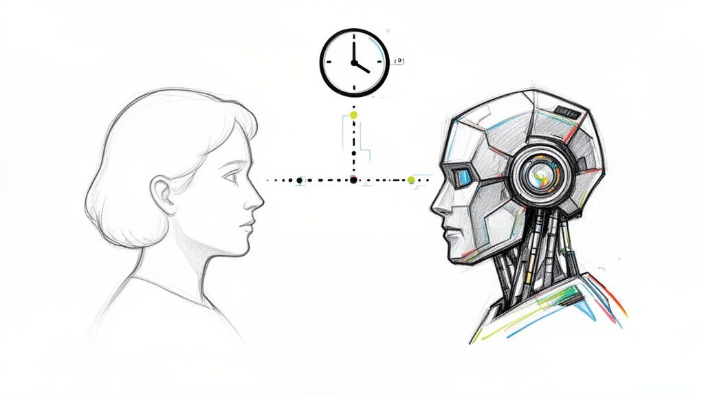 A sketch depicting a human and a robot facing each other, connected by dotted lines and a clock.