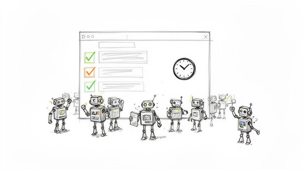 Illustration of numerous robots performing tasks on a digital interface with checks and a clock.