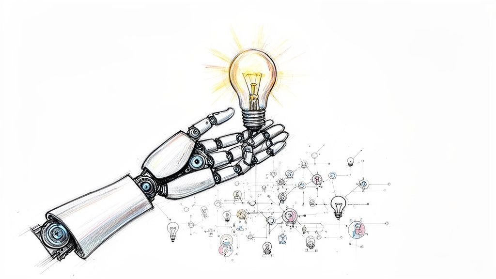 A robotic arm holds a glowing light bulb, connected to a network of ideas and people.