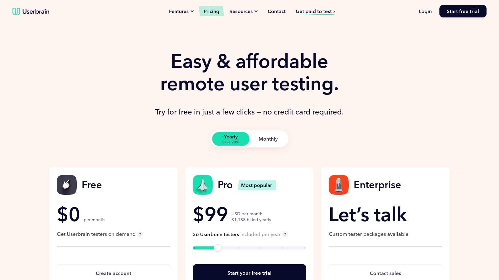 Userbrain's pricing plans highlighting its flexible credit-based system
