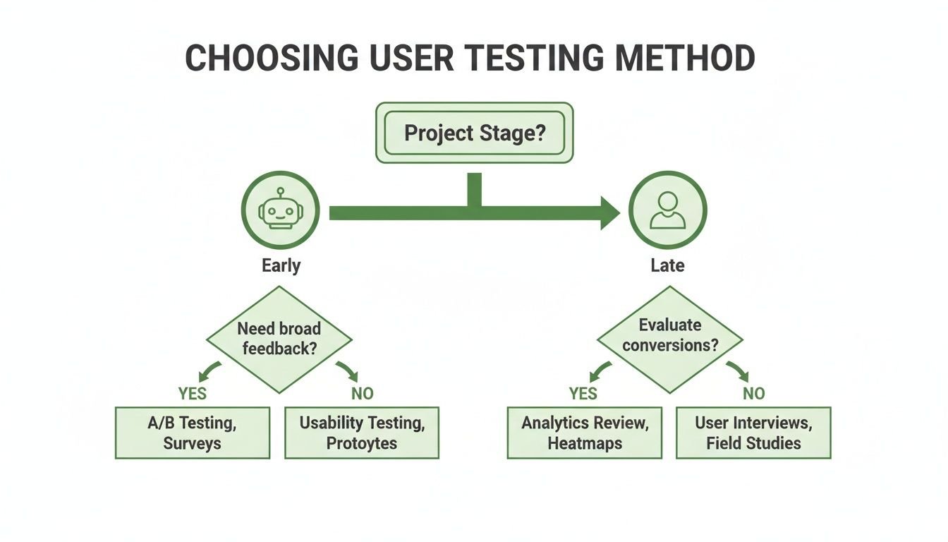 A flowchart titled 'Choosing User Testing Method' guides selection based on project stage and feedback needs.