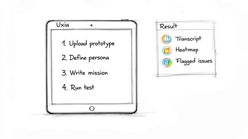 A sketch illustrates a tablet outlining UXia user testing steps, alongside a 'Result' box displaying analysis outputs.
